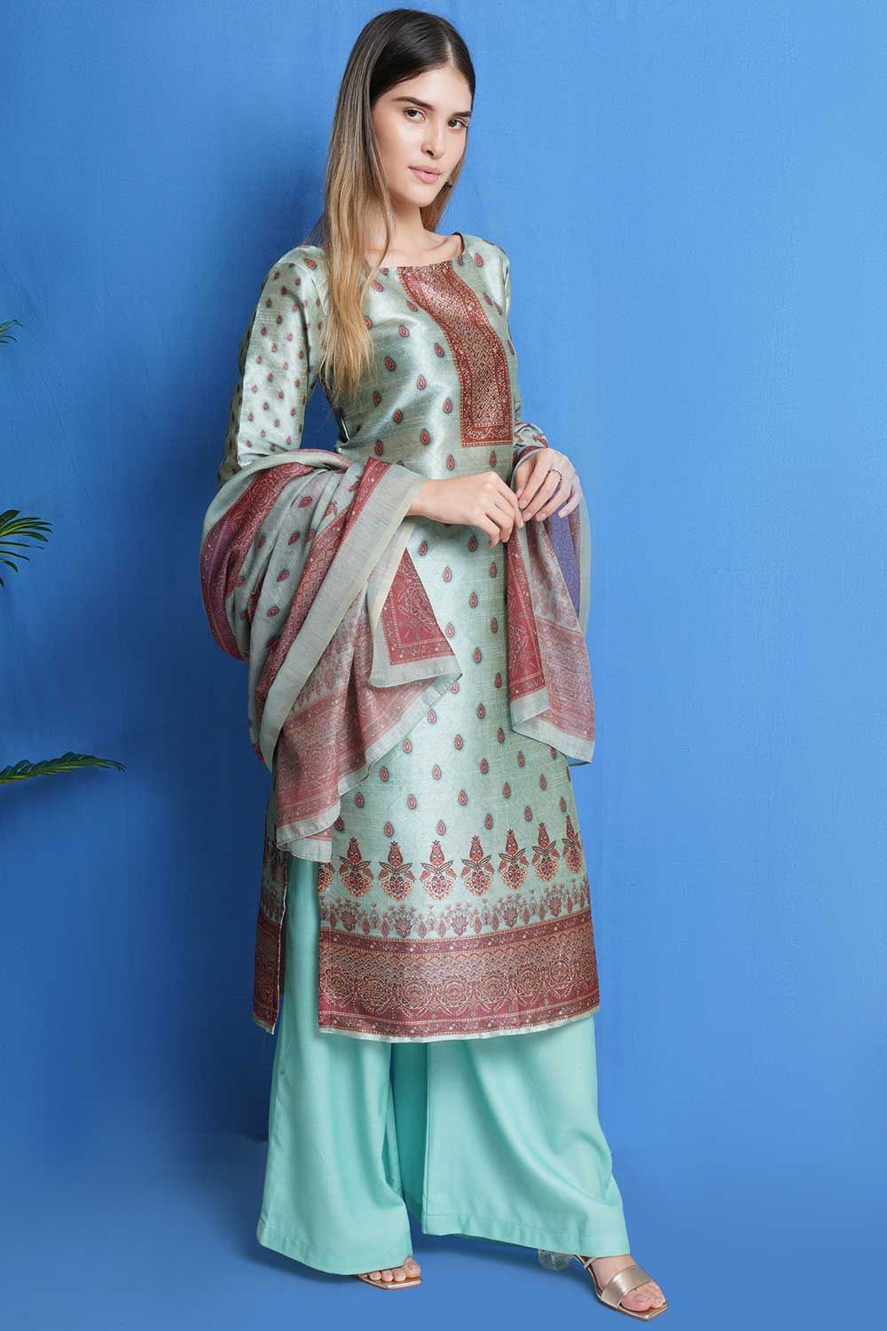 Green Silk Blend Digital Printed Dress Material