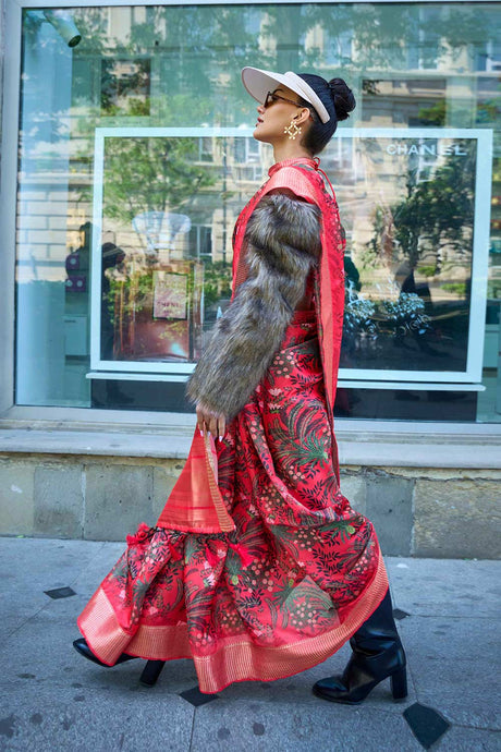 Red Printed Satin Organza Saree