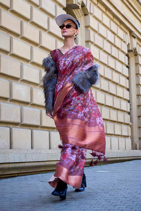 Purple Printed Satin Organza Saree