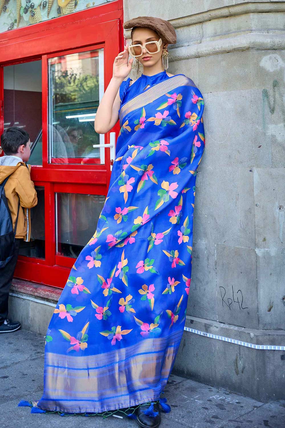 Blue Printed Satin Organza Saree