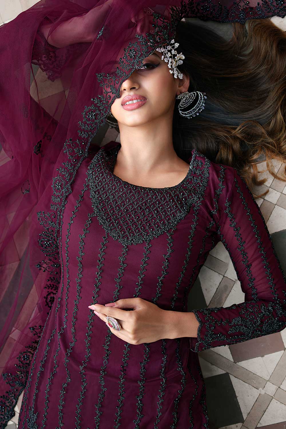 Wine Net Embroidered Dress Material