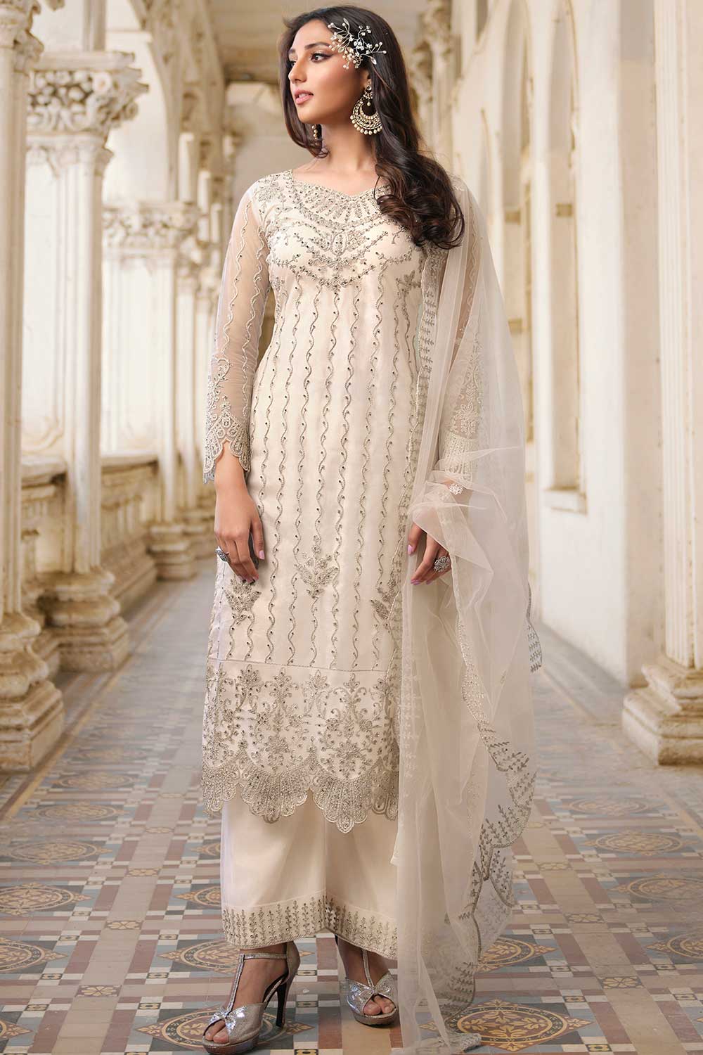 Cream Net Embroidered Palazzo Suit Set