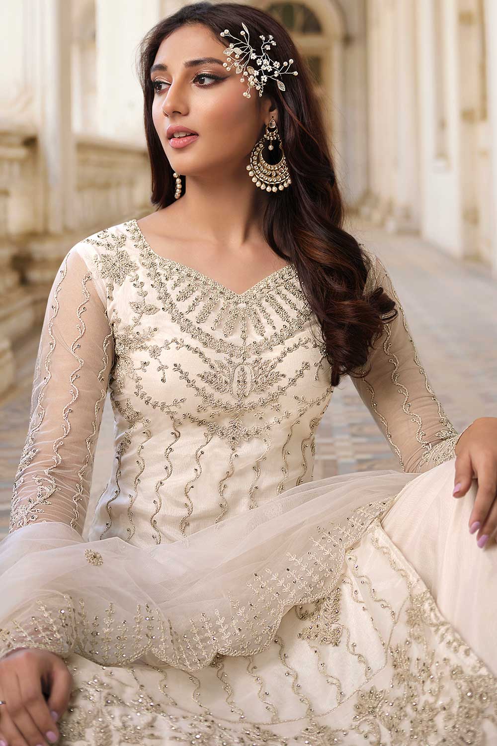 Cream Net Embroidered Palazzo Suit Set