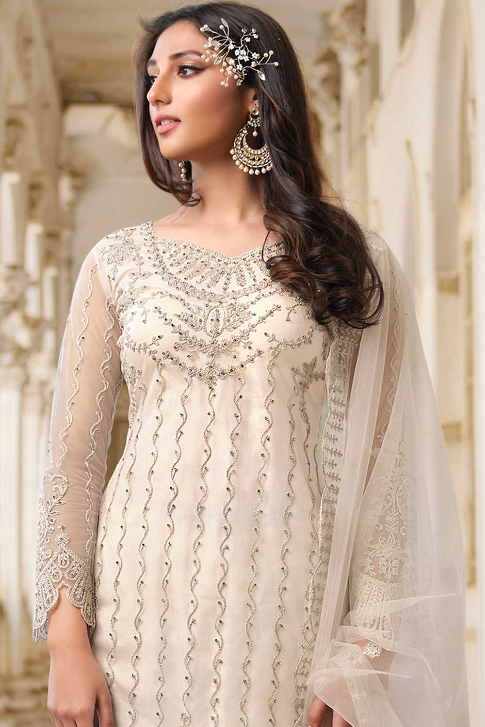 Cream Net Embroidered Palazzo Suit Set