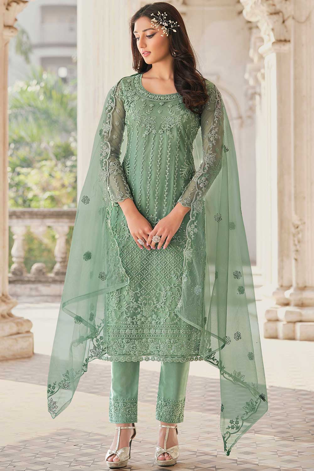 Green Net Embroidered Dress Material