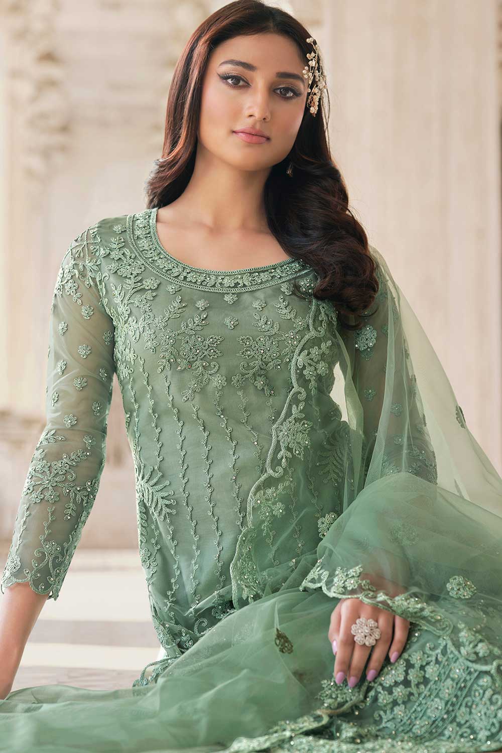 Green Net Embroidered Dress Material