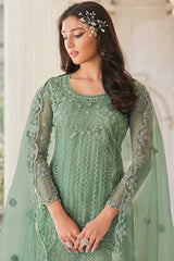 Green Net Embroidered Dress Material