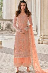 Peach Net Embroidered Dress Material