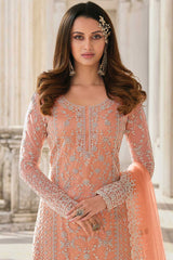 Peach Net Embroidered Dress Material