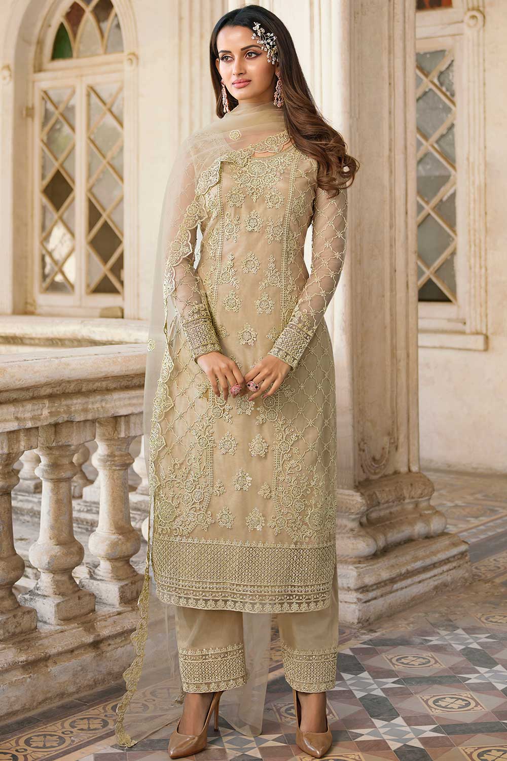 Beige Net Embroidered Palazzo Suit Set