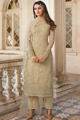 Beige Net Embroidered Palazzo Suit Set