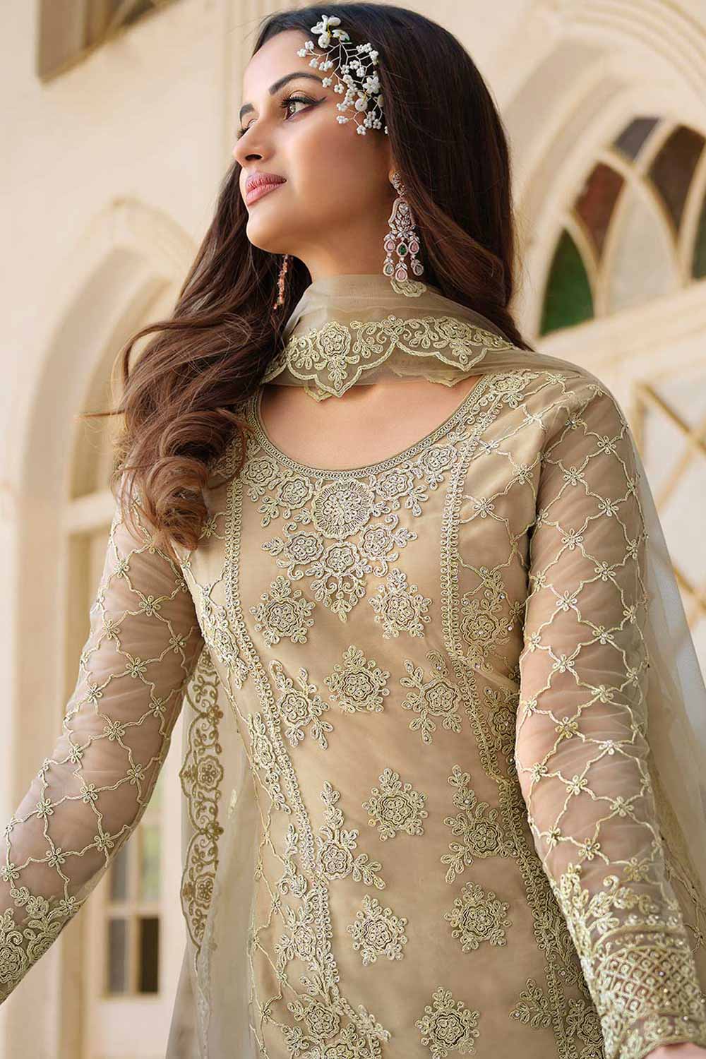 Beige Net Embroidered Palazzo Suit Set