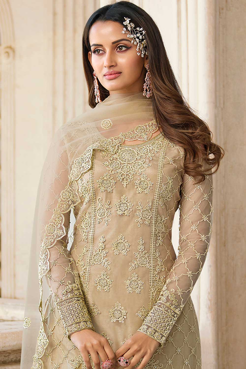 Beige Net Embroidered Palazzo Suit Set