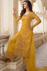 Yellow Net Embroidered Dress Material