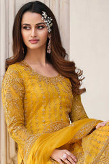 Yellow Net Embroidered Dress Material