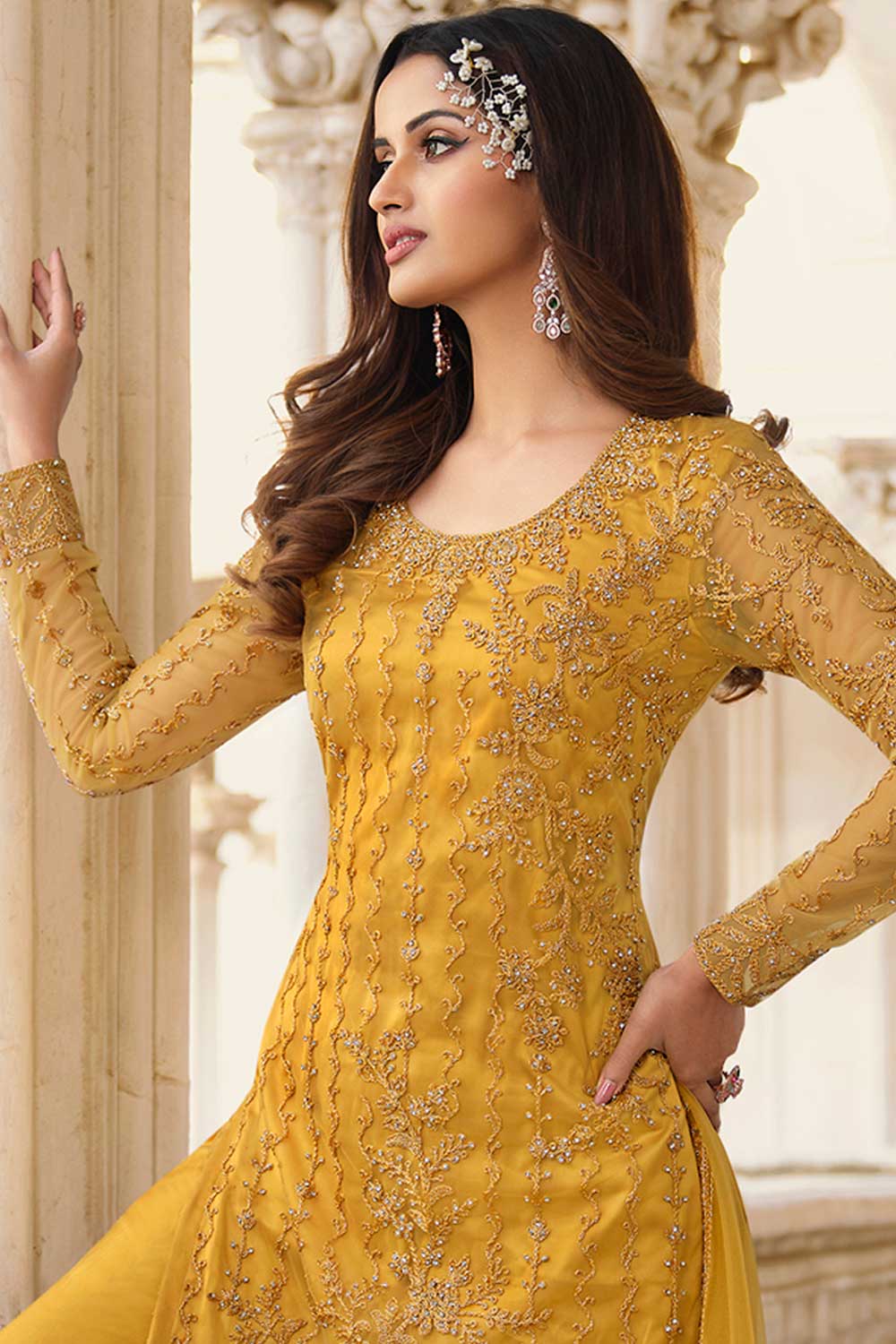 Yellow Net Embroidered Dress Material