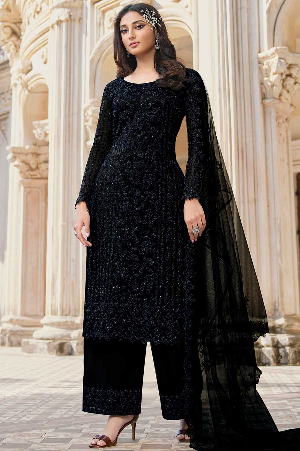 Black Net Embroidered Dress Material