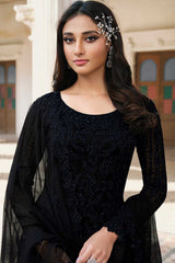 Black Net Embroidered Dress Material