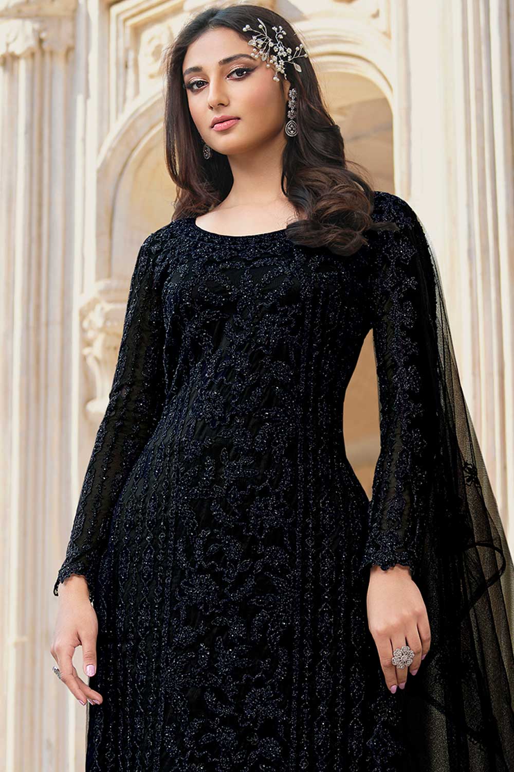 Black Net Embroidered Dress Material