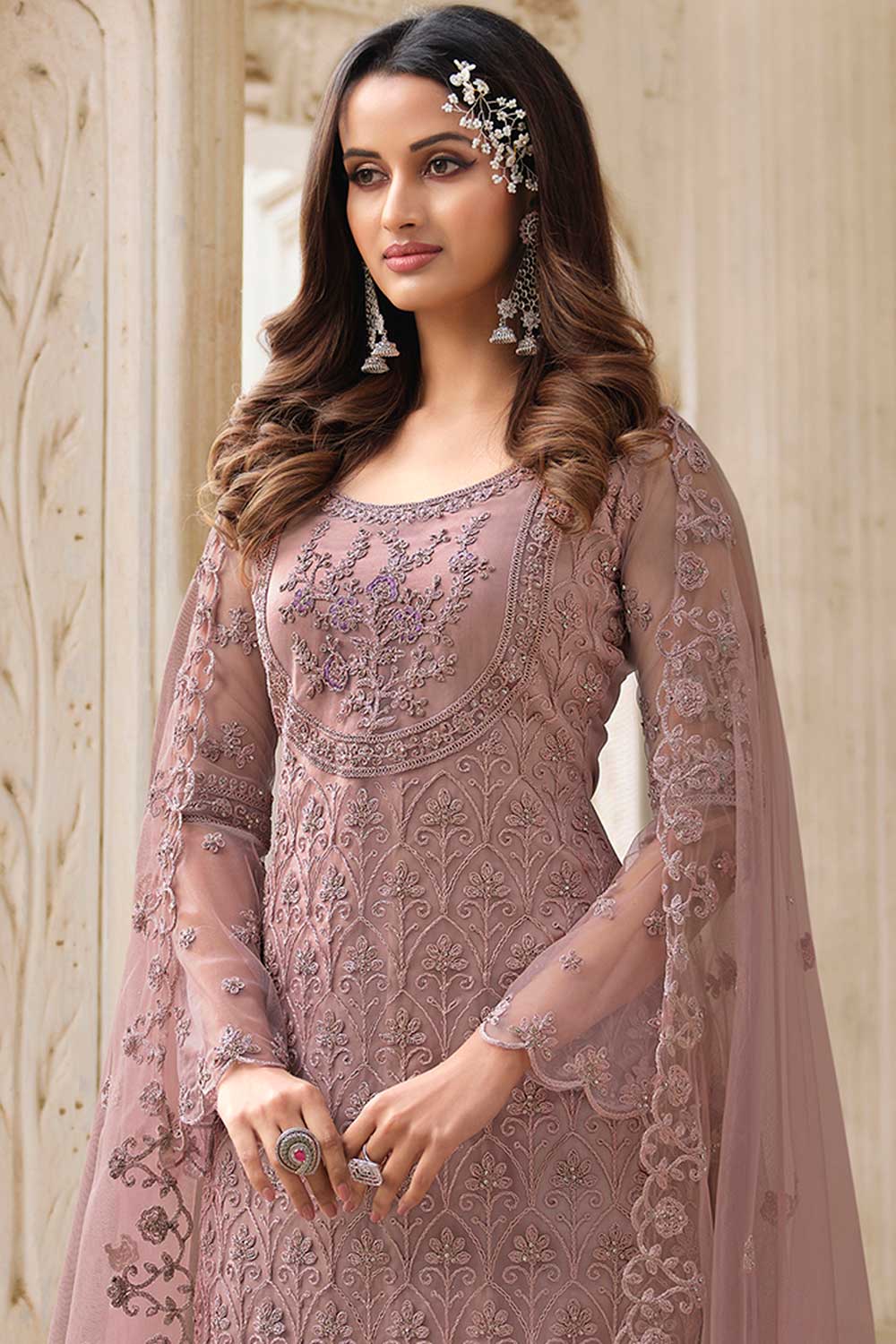 Pink Net Embroidered Dress Material