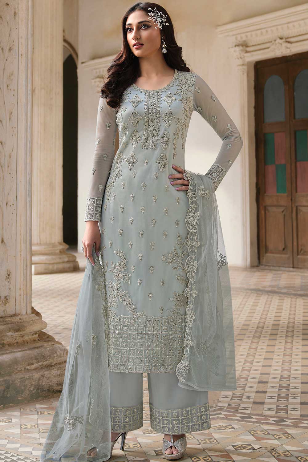 Grey Net Embroidered Dress Material