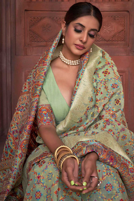 Green Pashmina Silk Printed Saree With Blouse