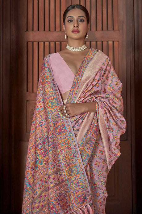 Light Pink Pashmina Silk Printed Saree With Blouse
