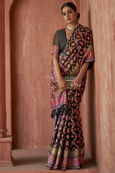 Black Pashmina Silk Printed Saree With Blouse