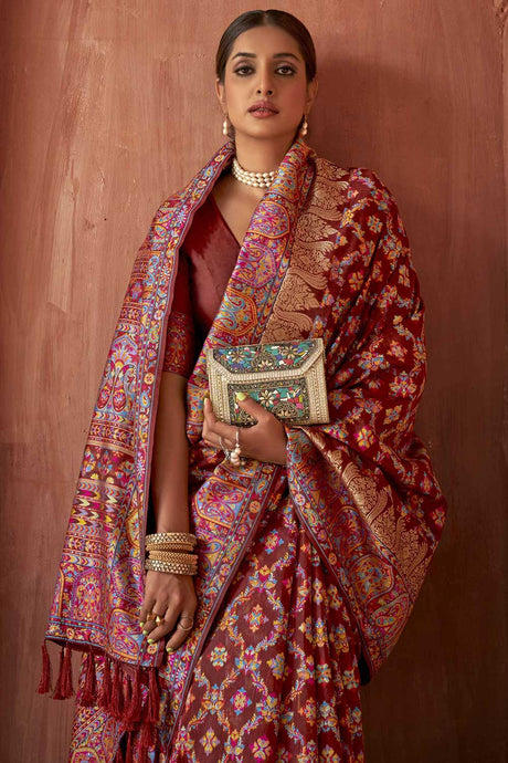 Maroon Pashmina Silk Printed Saree With Blouse
