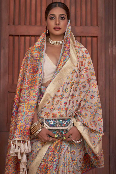 Off White Pashmina Silk Printed Saree With Blouse