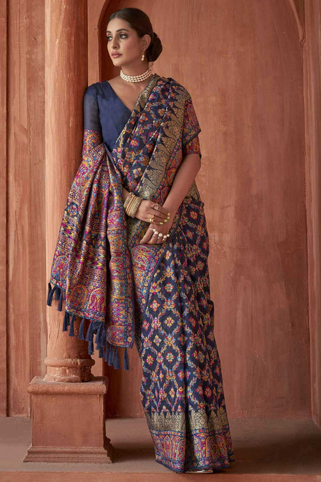 Blue Pashmina Silk Printed Saree With Blouse