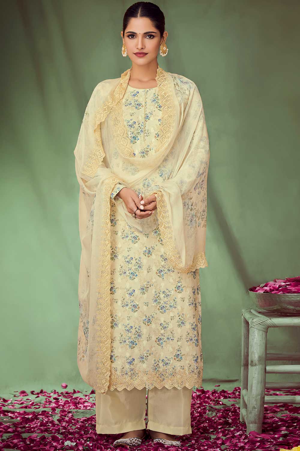 Yellow Cotton Jacquard Embroidered Palazzo Suit Set