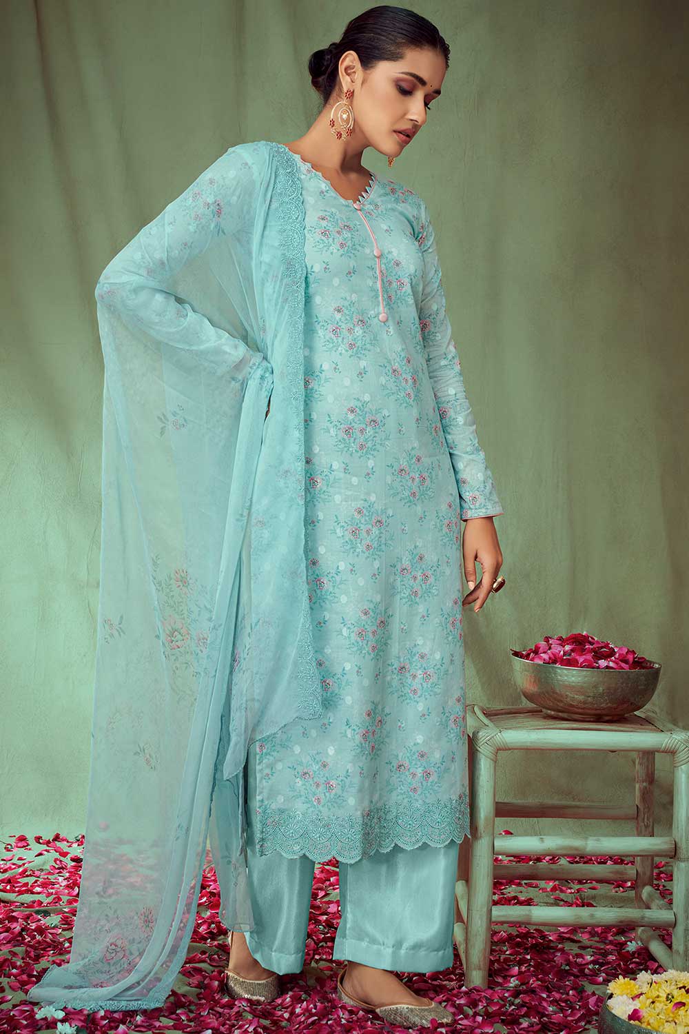 Turquoise Cotton Jacquard Embroidered Palazzo Suit Set