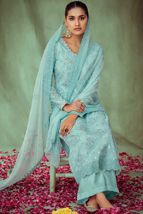 Turquoise Cotton Jacquard Embroidered Palazzo Suit Set