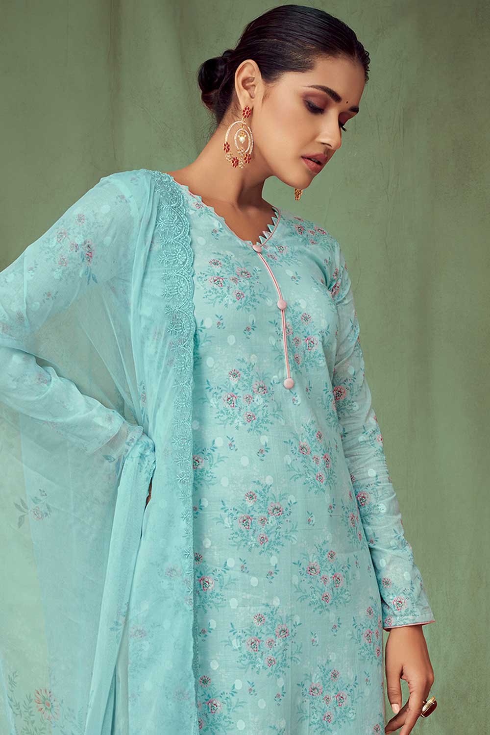 Turquoise Cotton Jacquard Embroidered Palazzo Suit Set