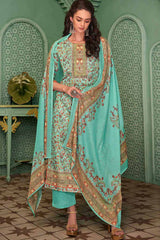 Turquoise Cotton Blend Digital Printed Palazzo Suit Set