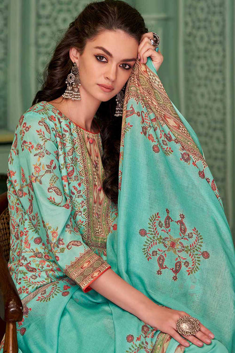 Turquoise Cotton Blend Digital Printed Palazzo Suit Set