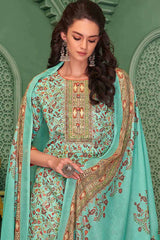 Turquoise Cotton Blend Digital Printed Palazzo Suit Set