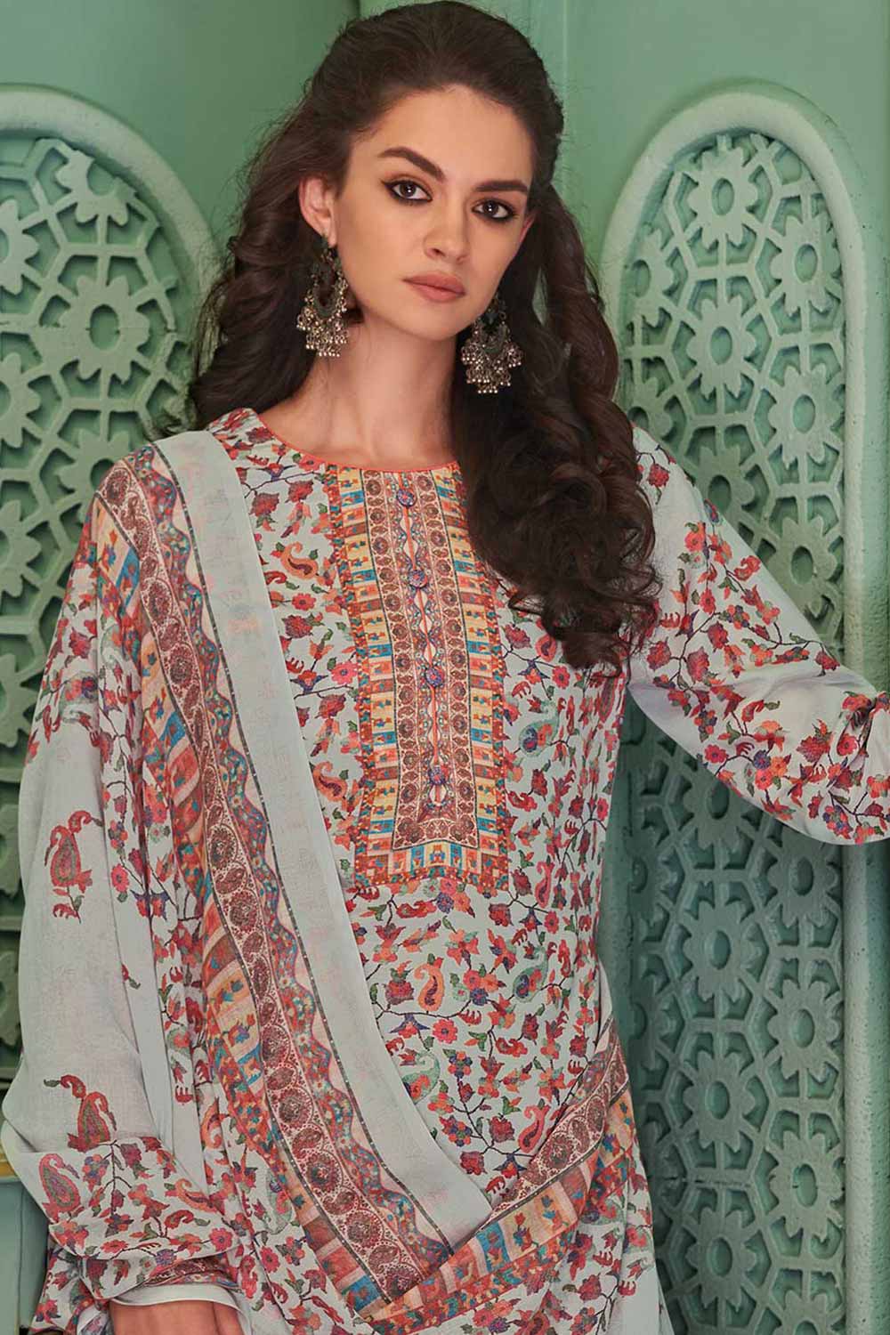 Grey Cotton Blend Digital Printed Dress Material