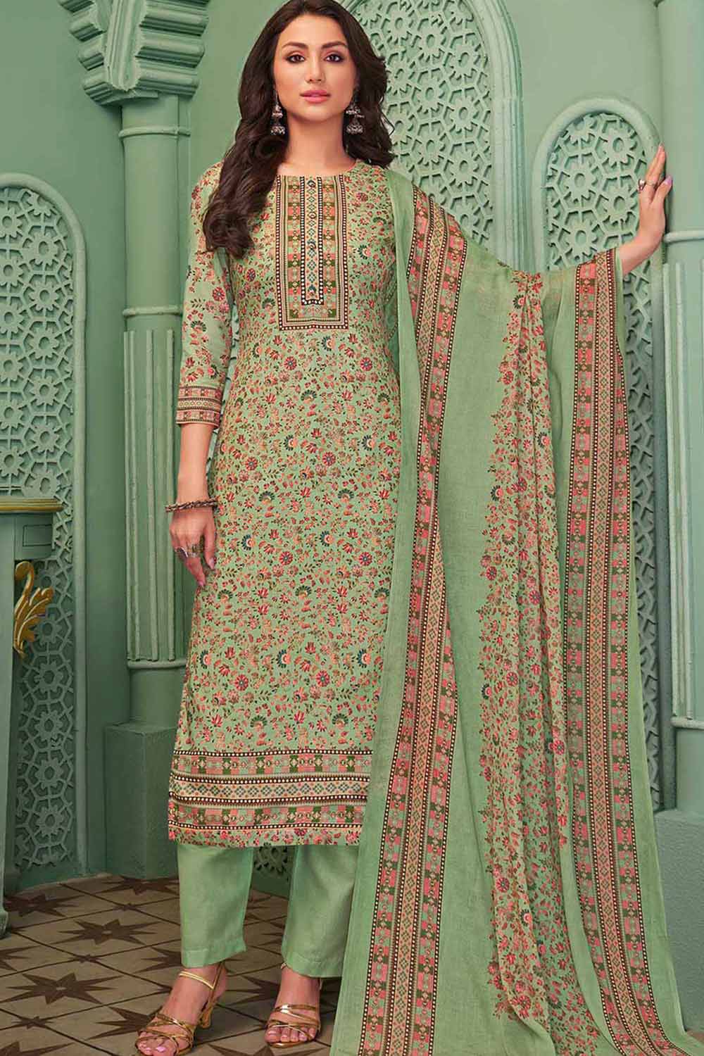 Green Cotton Blend Digital Printed Palazzo Suit Set