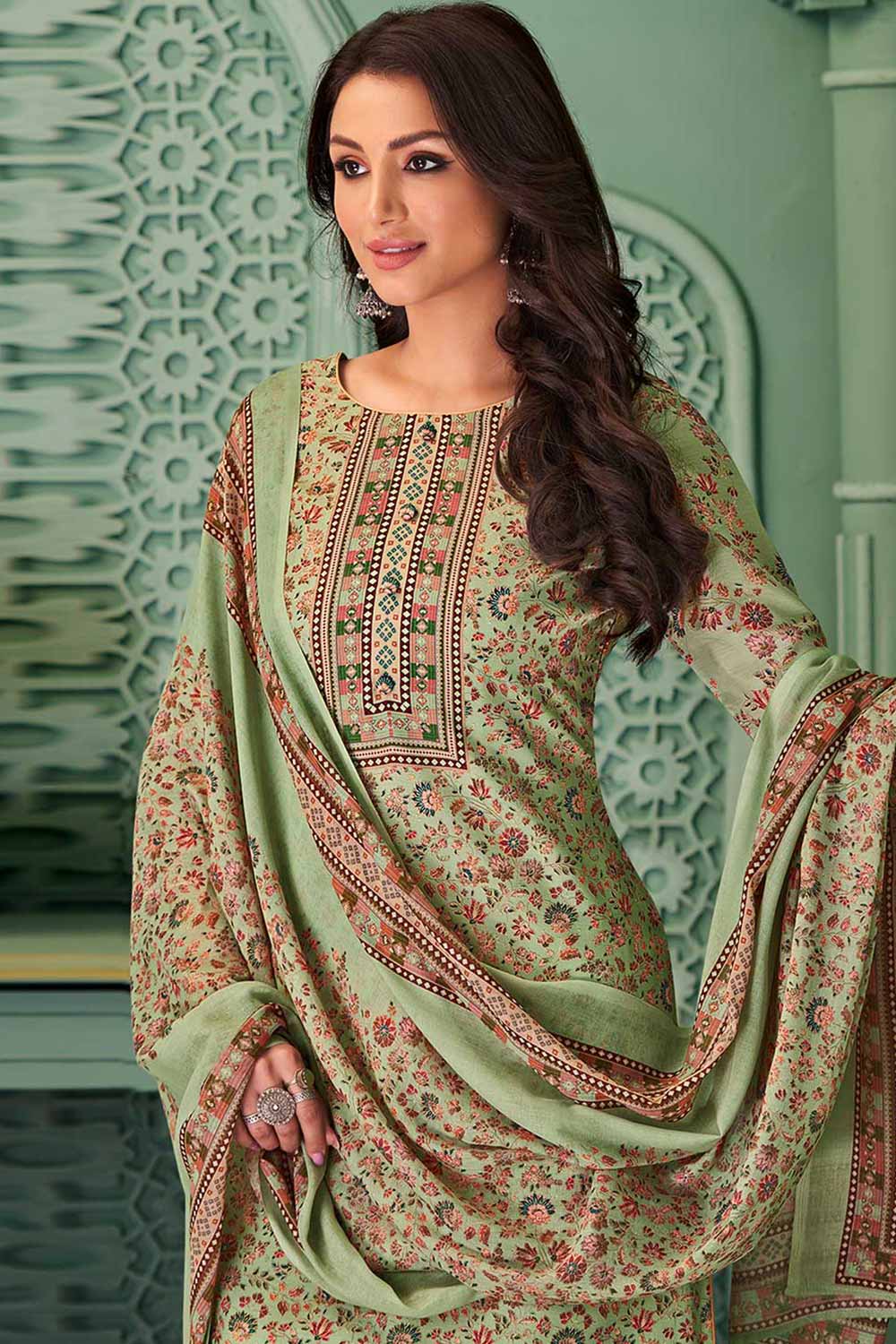 Green Cotton Blend Digital Printed Palazzo Suit Set