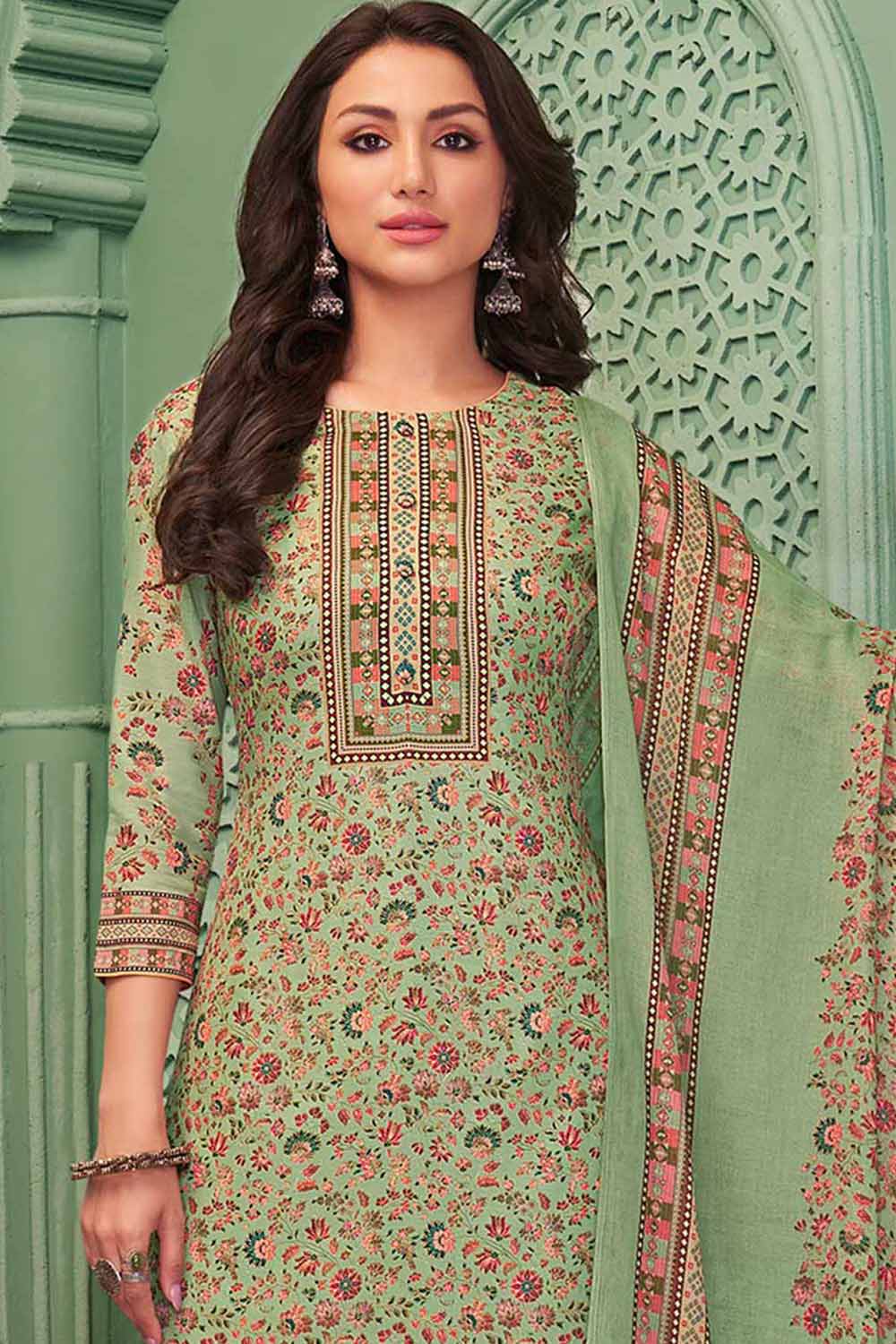 Green Cotton Blend Digital Printed Palazzo Suit Set