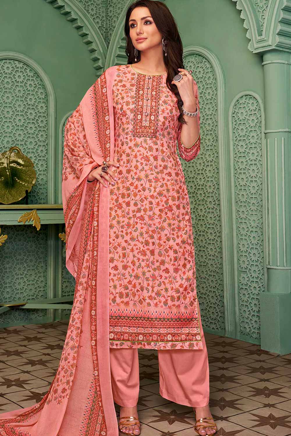 Pink Cotton Blend Digital Printed Palazzo Suit Set