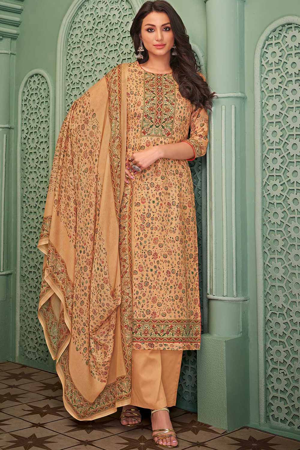 Beige Cotton Blend Digital Printed Palazzo Suit Set