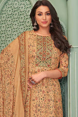 Beige Cotton Blend Digital Printed Palazzo Suit Set