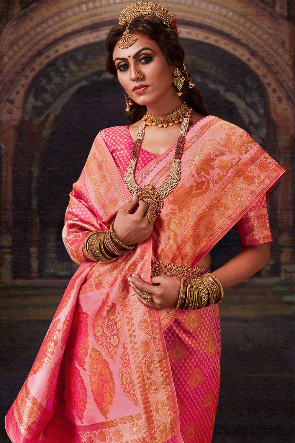 Buy Banarasi Art Silk Woven Saree in Light Pink - Back