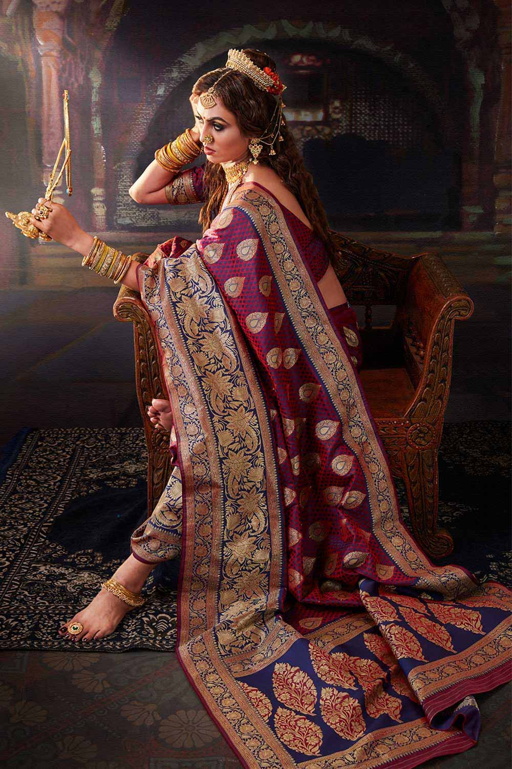 Buy Banarasi Art Silk Woven Saree in Maroon - Back