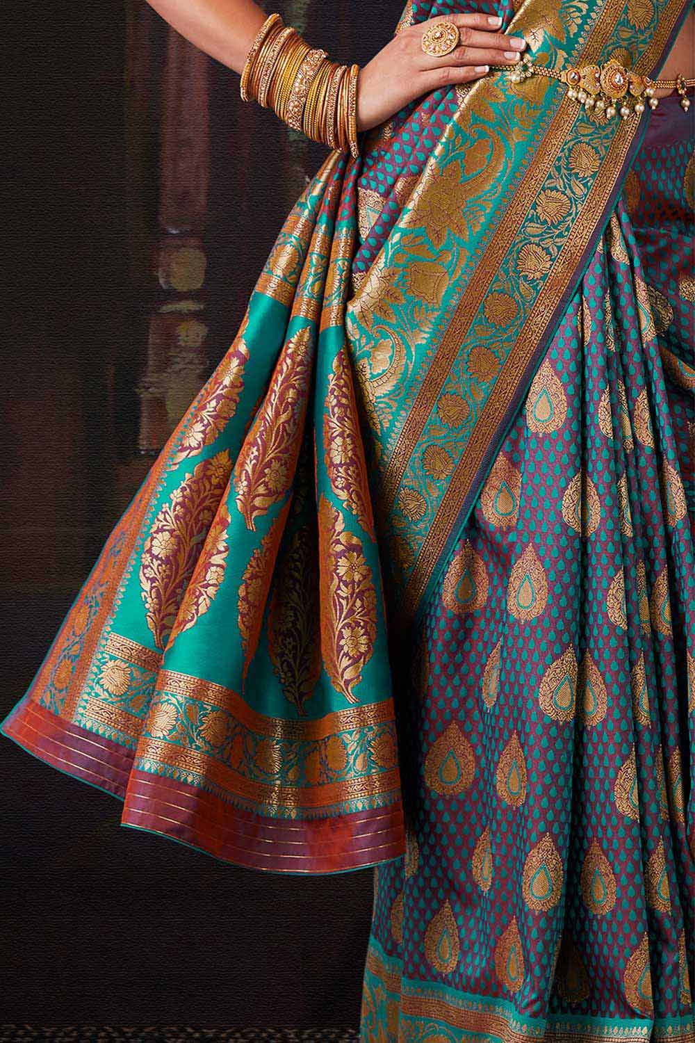 Buy Banarasi Art Silk Woven Saree in Turquoise - Back