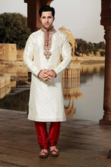 Buy Men's Jacquard Embroidery Kurta Set in White