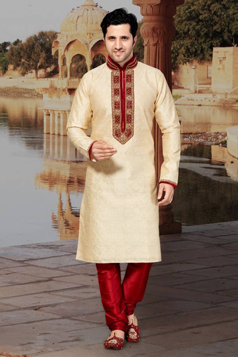 Buy Men's Jacquard Embroidery Kurta Set in Cream